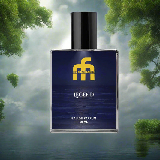 Perfume bottle labeled 'Legend' by 'My Fragrances' on a black background